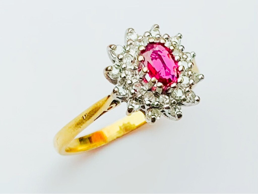 Vintage 18k Yellow Gold Diamond & Pink Sapphire Cluster Ring, Size UK P, US 7 3/4