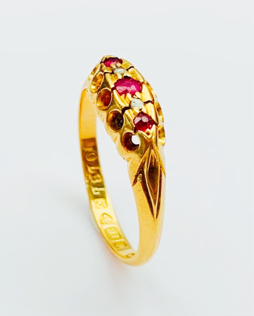 Anillo eduardiano de oro amarillo de 18 quilates con diamantes de talla rosa y rubí, talla UK N/US 6 3/4