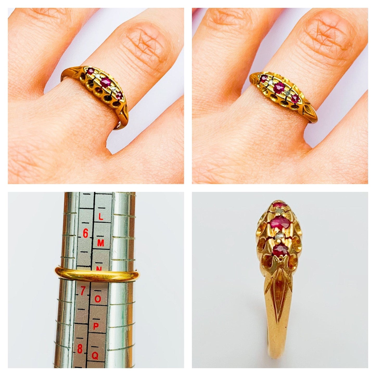 Anillo eduardiano de oro amarillo de 18 quilates con diamantes de talla rosa y rubí, talla UK N/US 6 3/4