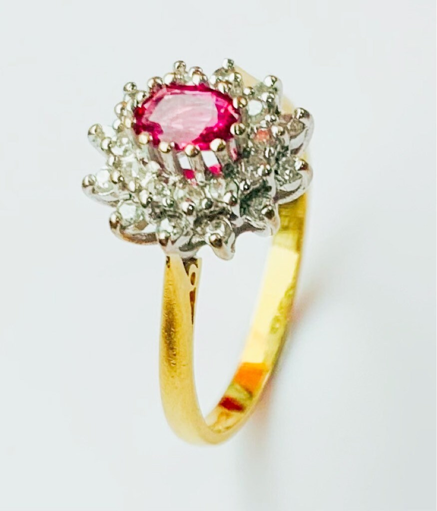 Vintage 18k Yellow Gold Diamond & Pink Sapphire Cluster Ring, Size UK P, US 7 3/4