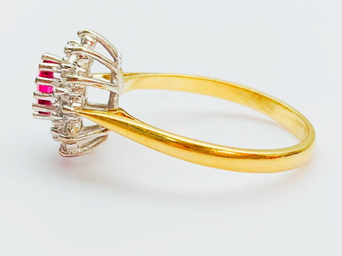 Vintage 18k Yellow Gold Diamond & Pink Sapphire Cluster Ring, Size UK P, US 7 3/4