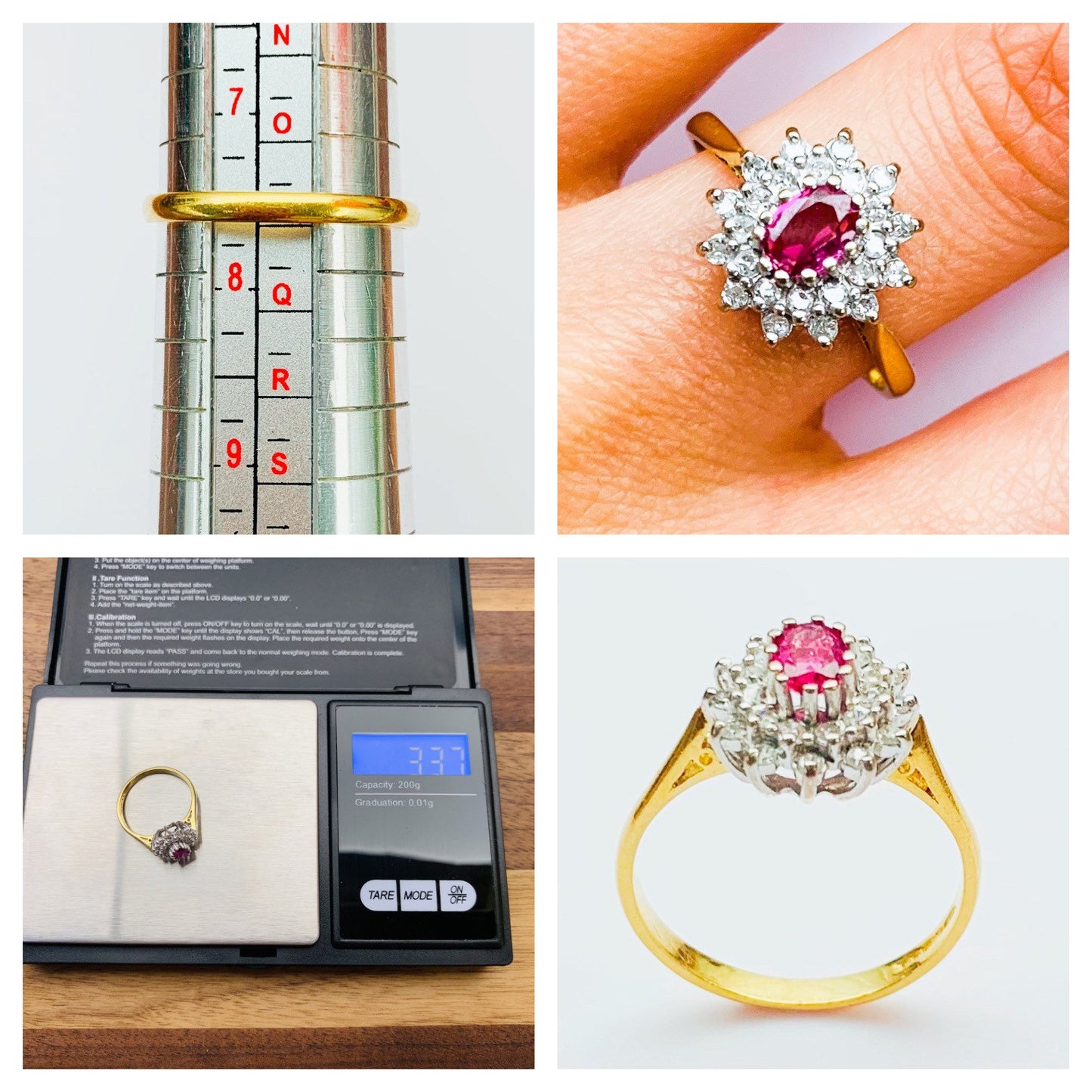 Vintage 18k Yellow Gold Diamond & Pink Sapphire Cluster Ring, Size UK P, US 7 3/4