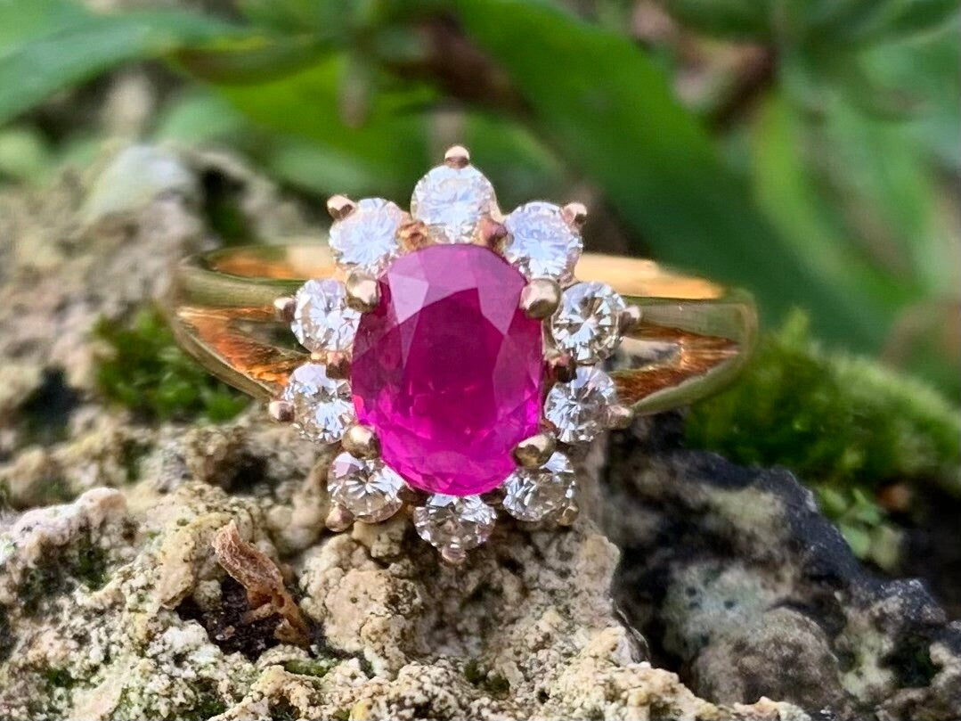 Vintage 1ct Burmese Ruby & Diamond set in 18ct Gold Flower Cluster Ring, Size I 1/2