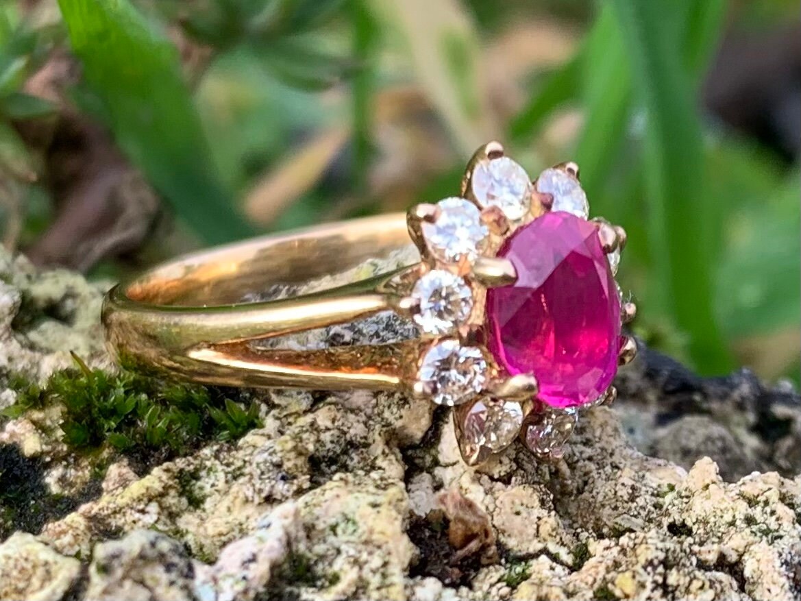 Vintage 1ct Burmese Ruby & Diamond set in 18ct Gold Flower Cluster Ring, Size I 1/2