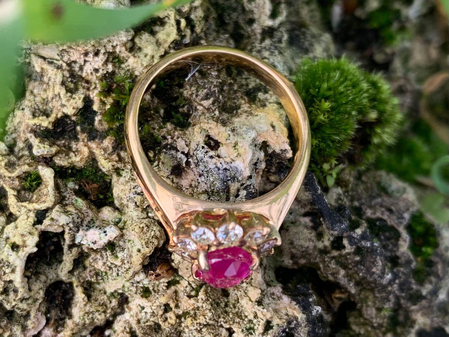 Vintage 1ct Burmese Ruby & Diamond set in 18ct Gold Flower Cluster Ring, Size I 1/2