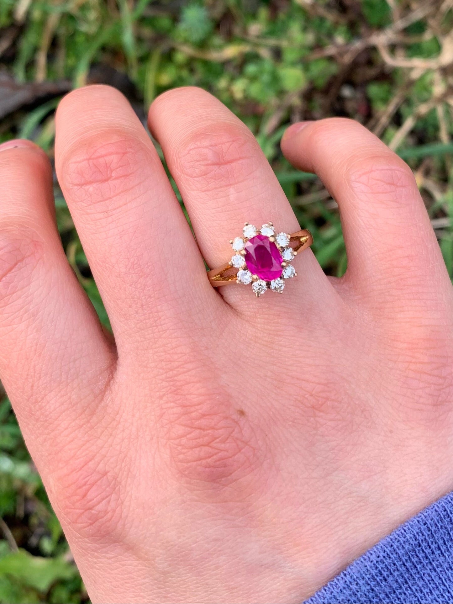 Vintage 1ct Burmese Ruby & Diamond set in 18ct Gold Flower Cluster Ring, Size I 1/2
