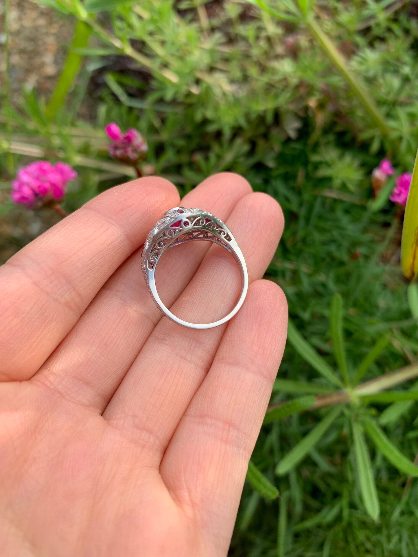 Vintage Platinum 2ct Ruby & Diamond Art Deco Ring, Cocktail Ring, Size UK N 1/2, US 7