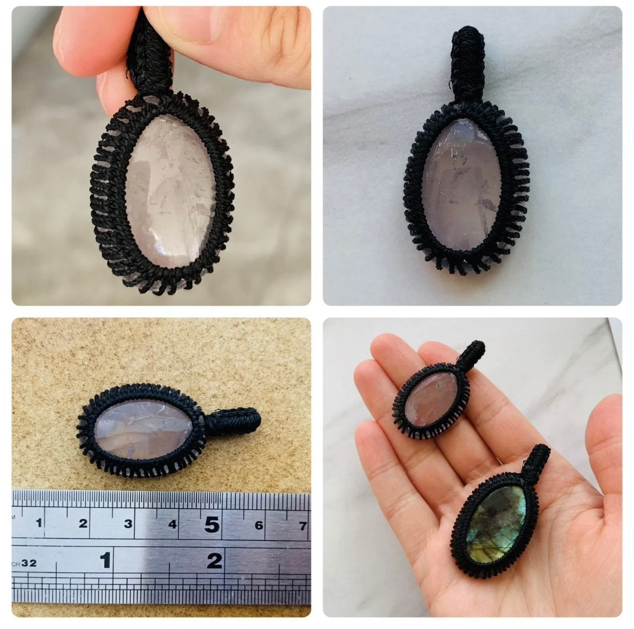 Colección de 6 piedras preciosas naturales grandes de macramé negro
