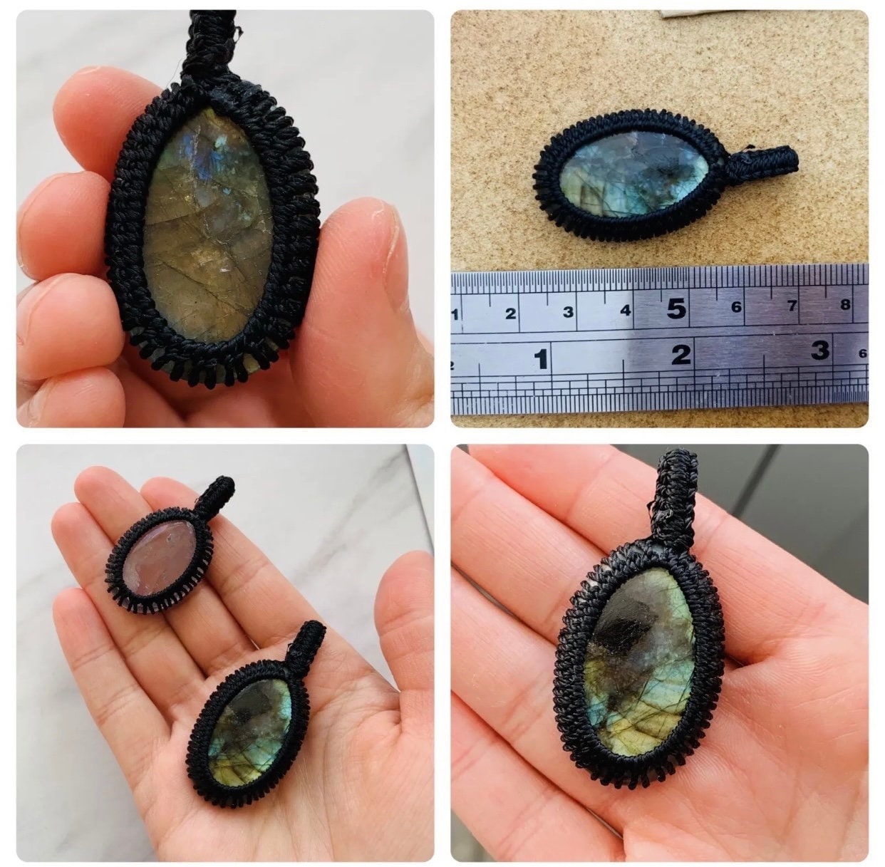 Colección de 6 piedras preciosas naturales grandes de macramé negro