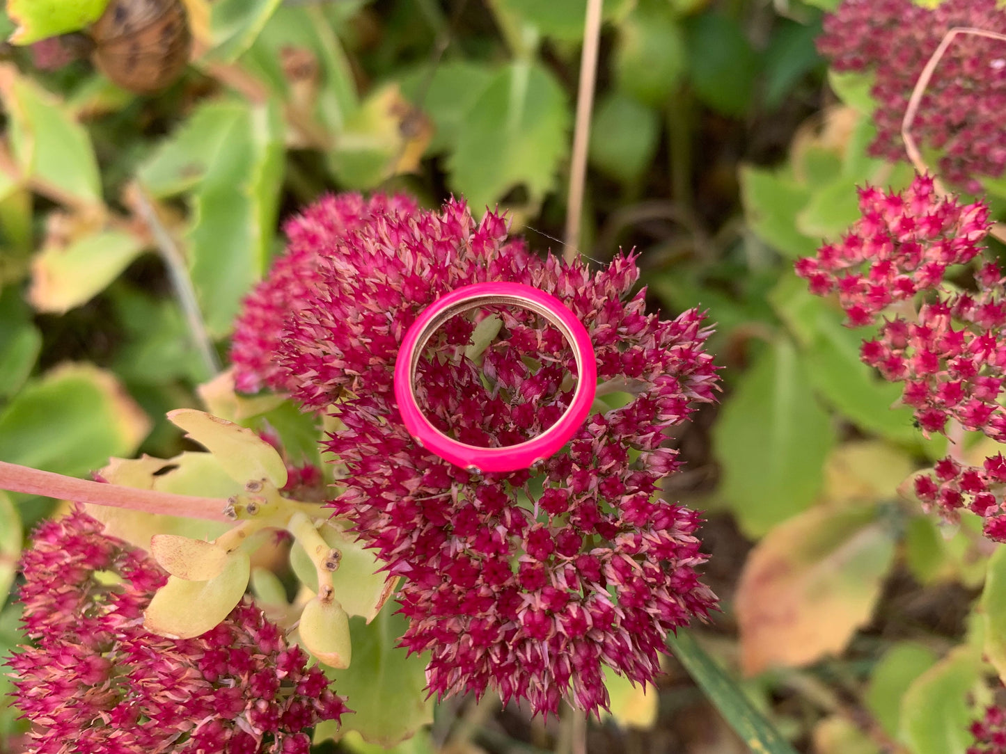 Anillo de segunda mano en oro de 14 quilates con diamantes y esmalte rosa, talla F