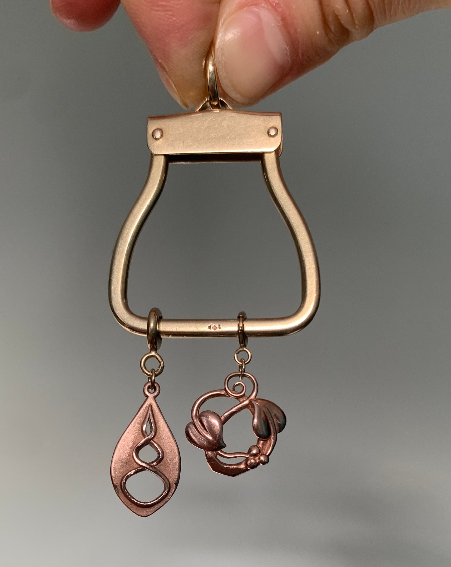 2x Pre-loved 9ct solid rose & yellow gold Welsh Openwork pendants