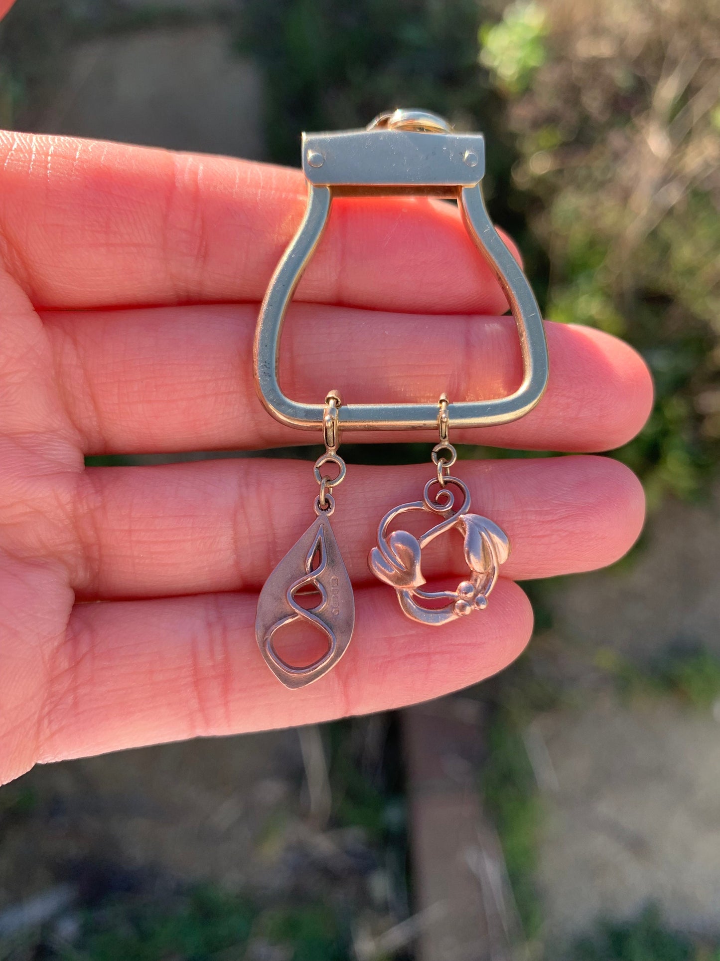 2x Pre-loved 9ct solid rose & yellow gold Welsh Openwork pendants