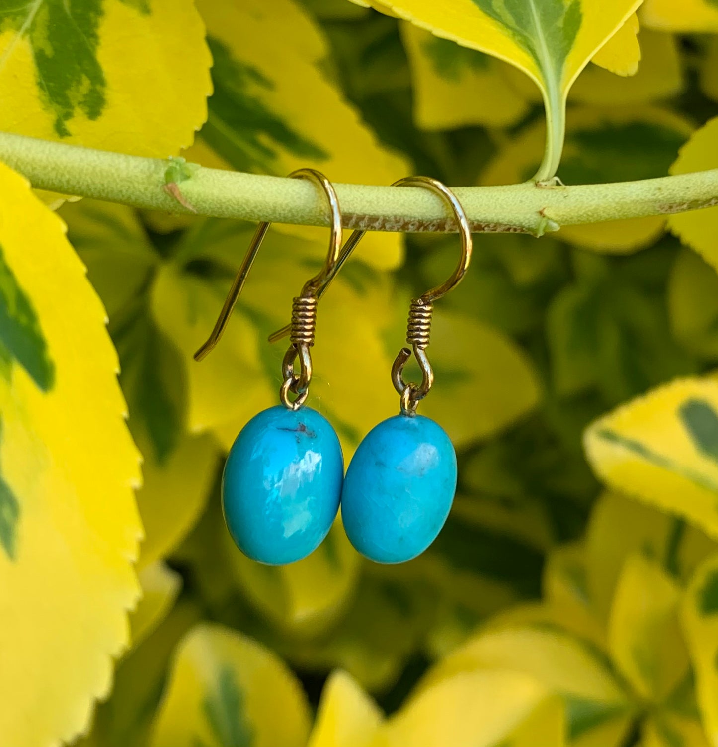 Vintage 9ct Yellow Gold Turquoise Wire Earrings,Drop Earrings,Dangle Earrings,December Birthstone