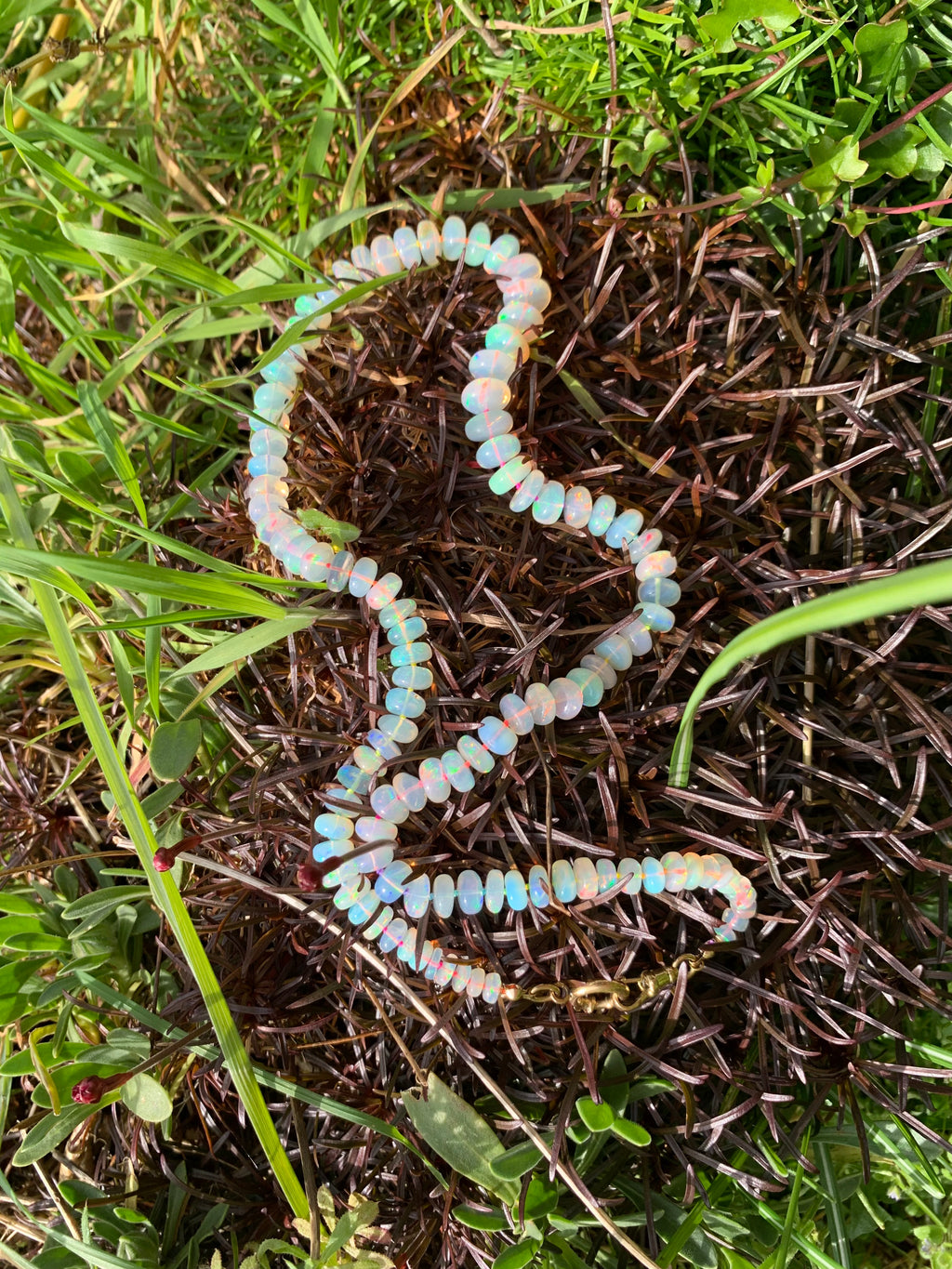 Magnífico collar de cuentas de ópalo etíope graduado con cierre de clip para perro de oro de 18 quilates