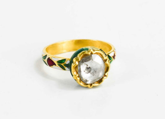 Antique 1ct Flat Rosecut Diamond Gold Enamel Ring