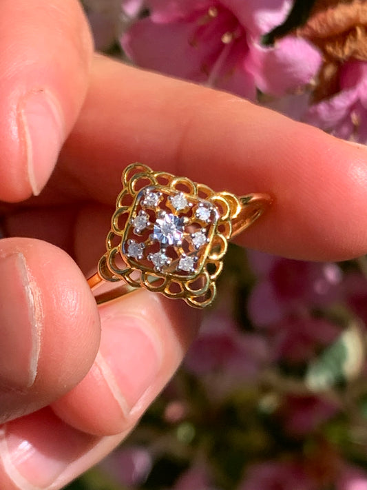 Vintage 9ct Yellow Gold Diamond Openwork Ring Size R 1/2