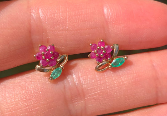 Stunning Ruby & Emerald 9ct Gold Floral Studs