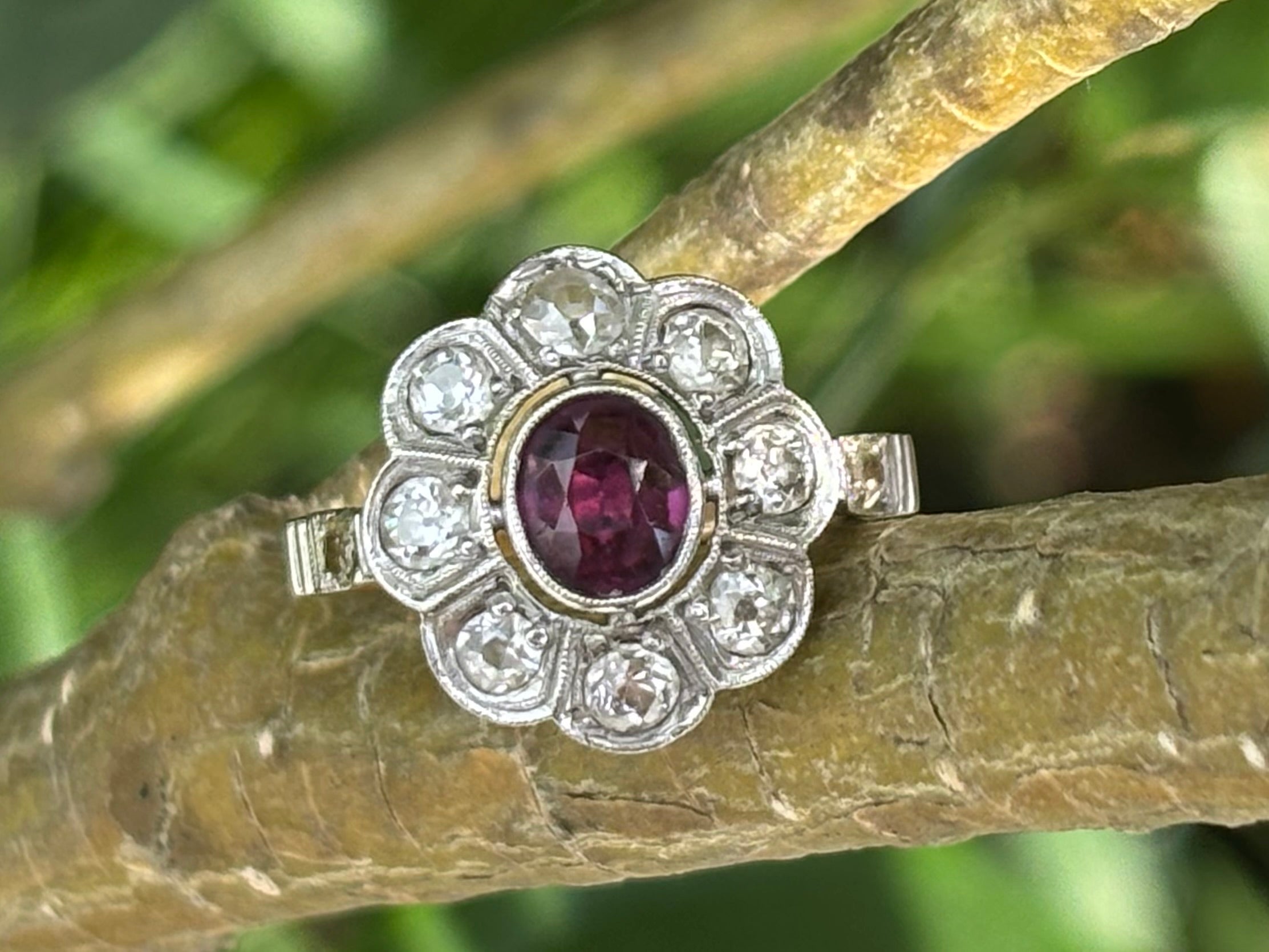 Vintage 0.75ct Ruby & 0.86ct Diamond set in 18ct God Cluster Ring