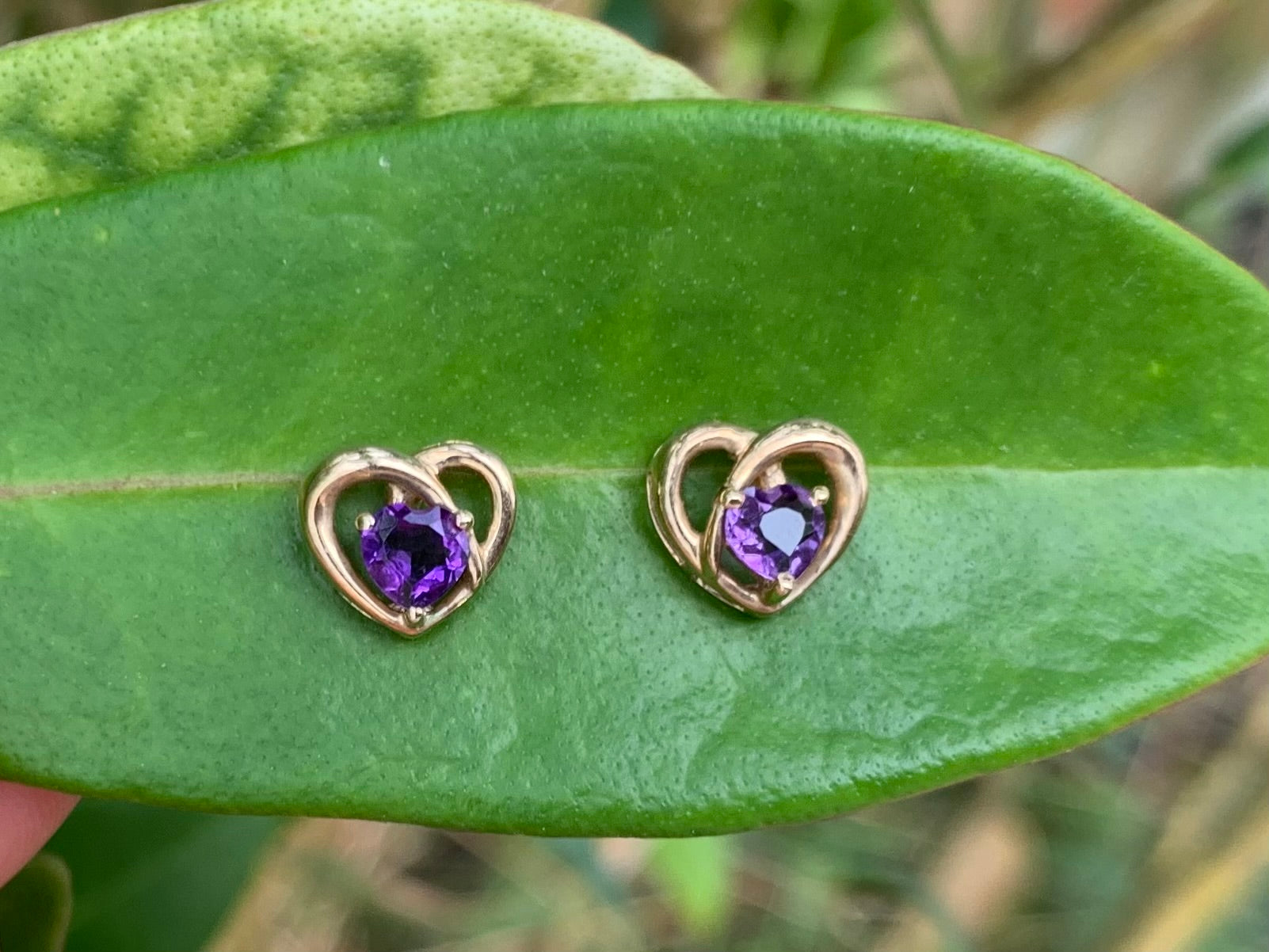 Beautiful Amethyst Heart Shaped 9ct Gold Stud Earrings