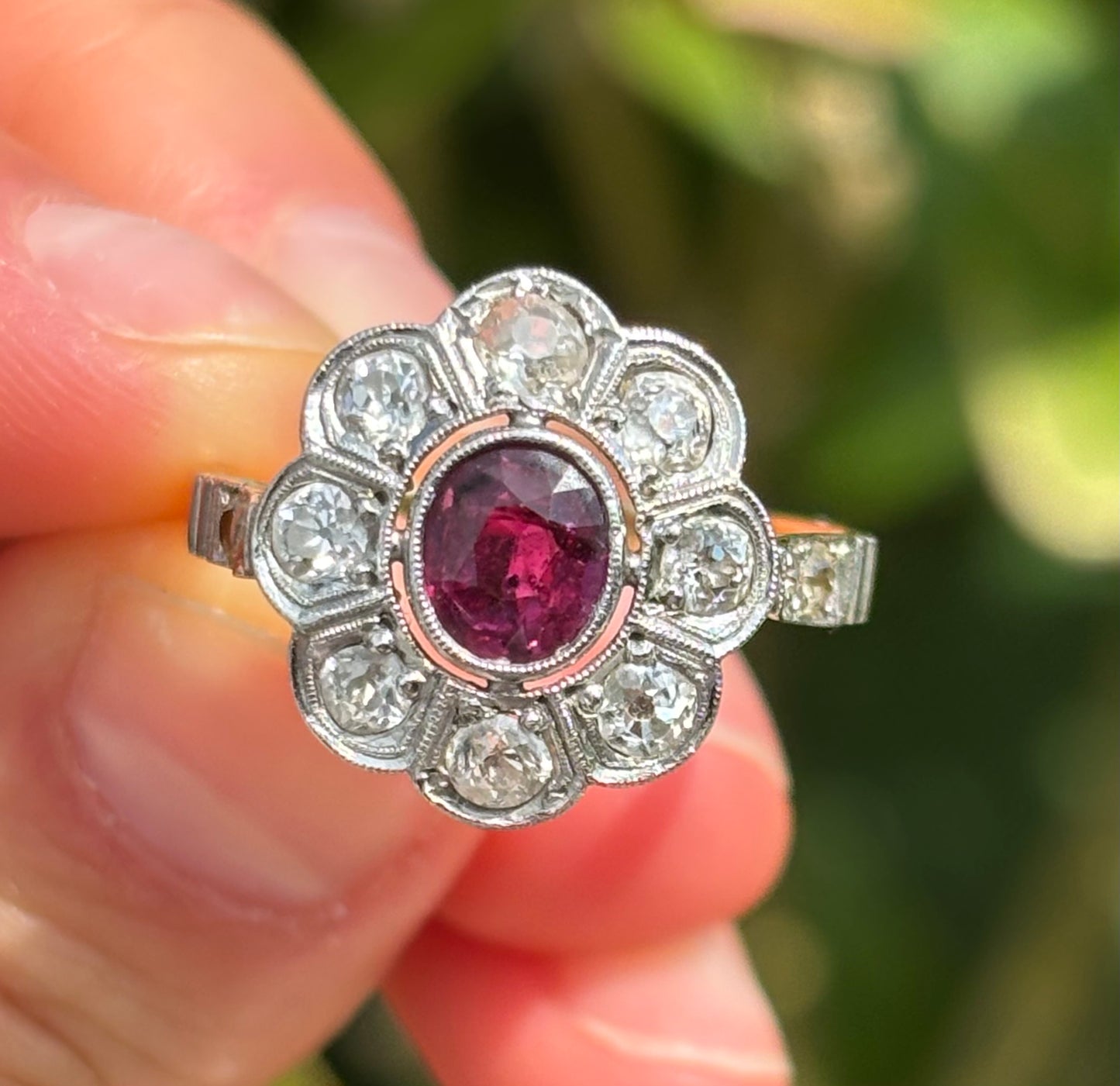 Vintage 0.75ct Ruby & 0.86ct Diamond set in 18ct God Cluster Ring