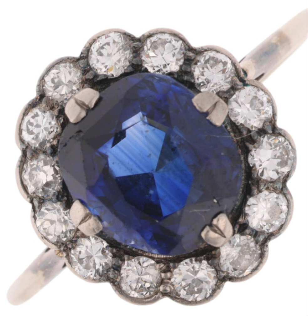 2.6ct Art Deco Sapphire and Diamond Ring in 14ct Gold. Exceptional Antique Art Deco ring