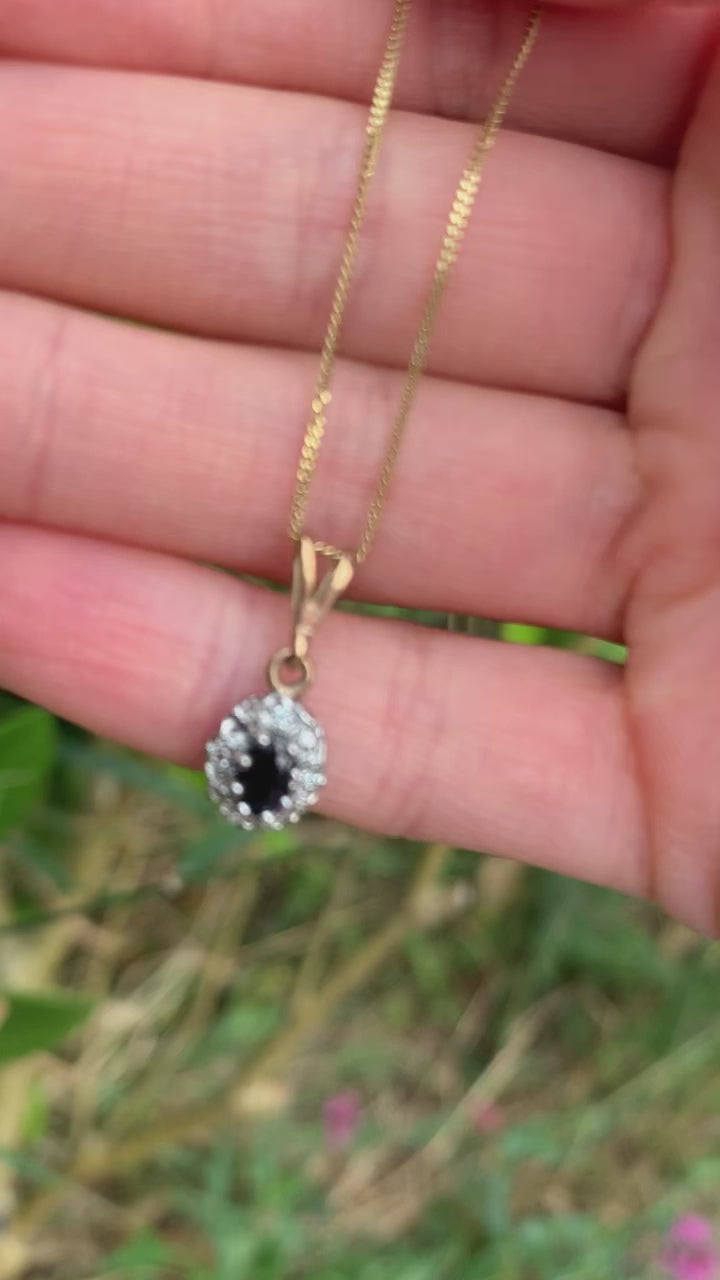 Beautiful 9ct Gold Sapphire & Diamond Cluster Pendant and Chain