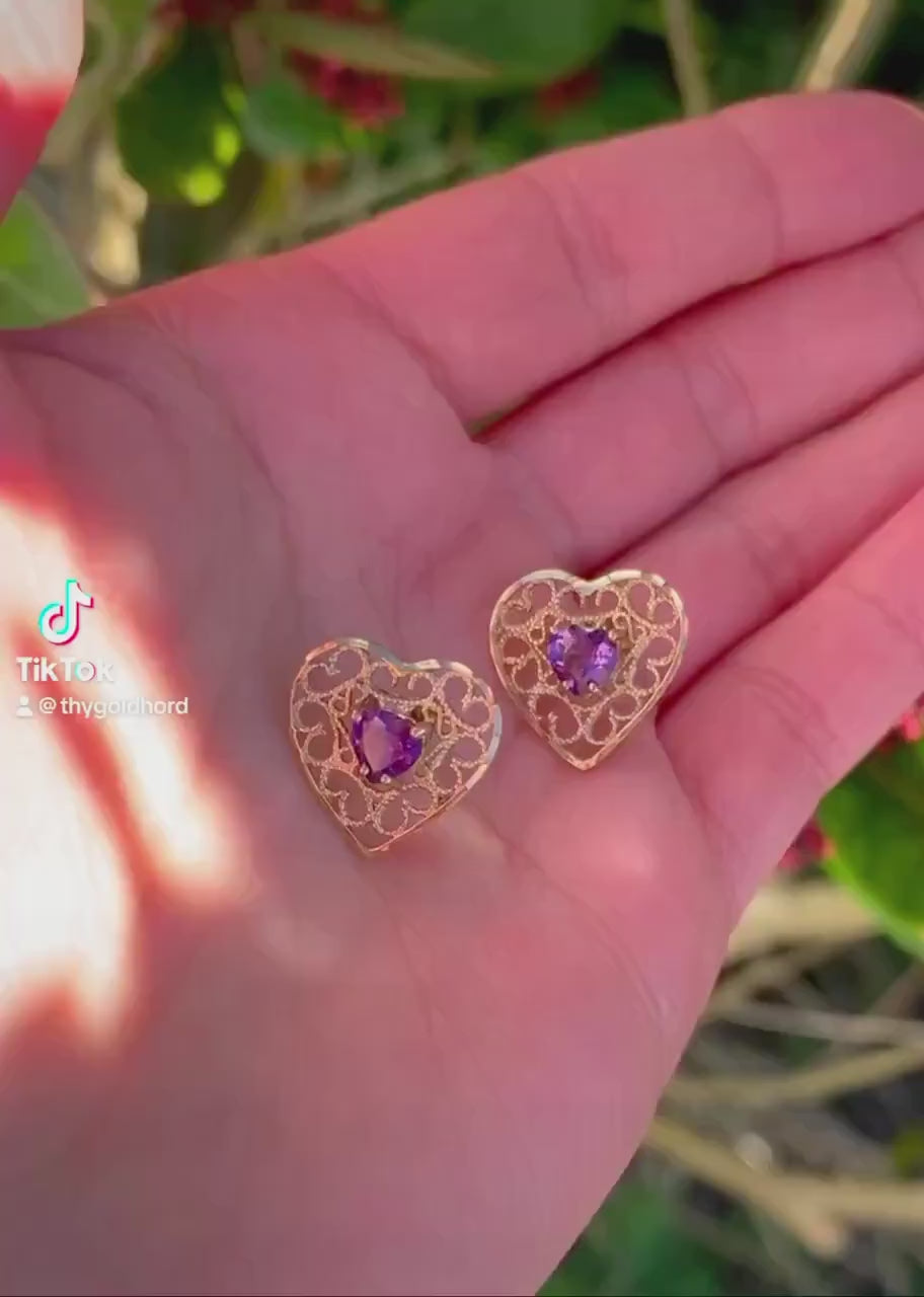 Vintage 9ct Gold Amethyst Heart Shaped Filigree Stud Earrings