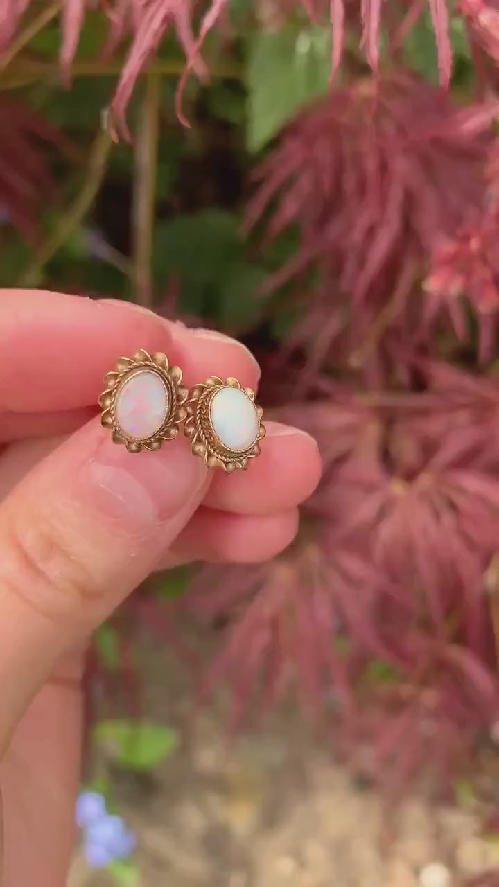 Vintage 1ct Oval Opal set in 9ct Yellow Gold Stud Earrings