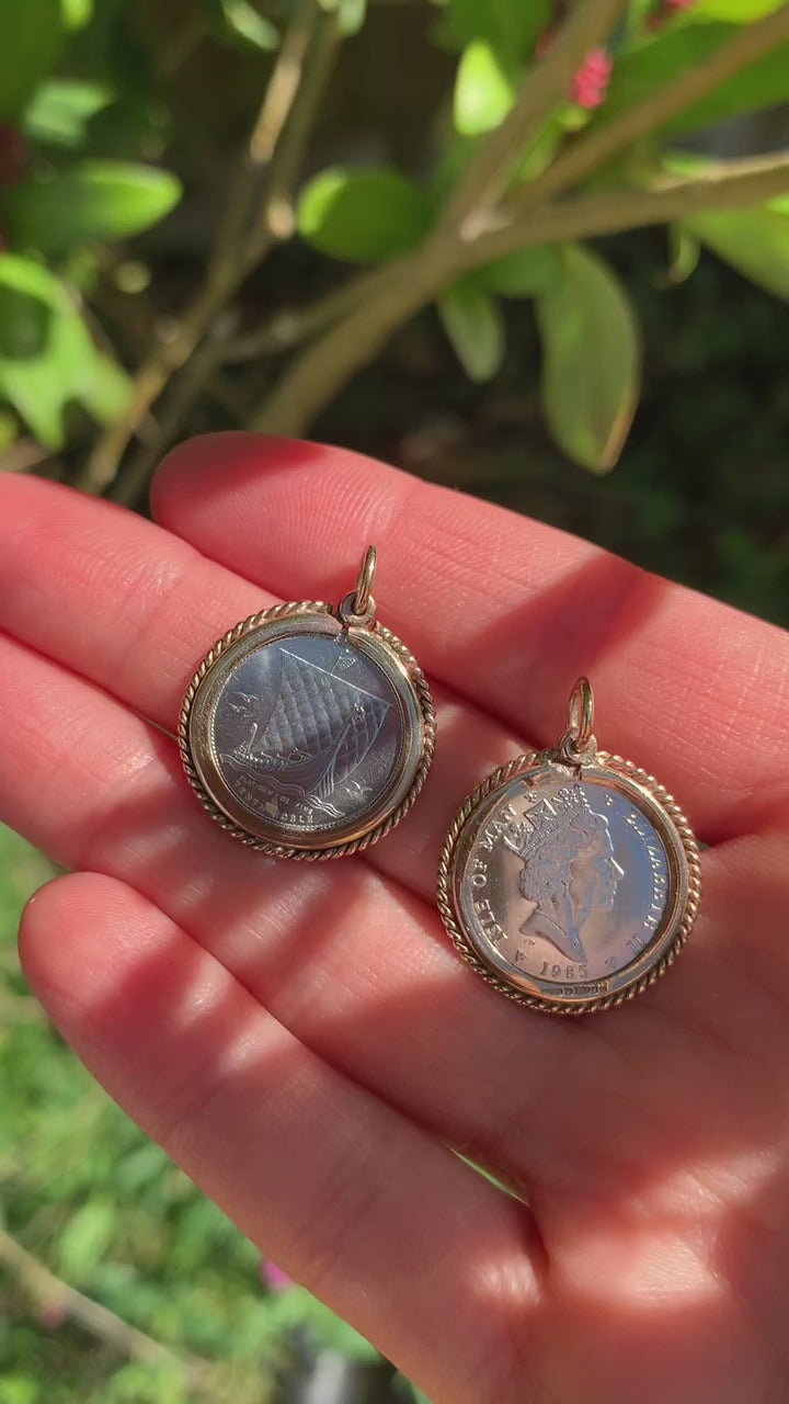 Viking Ship Platinum Noble (like Britannia) Coin Pendant 9k 9ct Gold, Isle of Man One Tenth Platinum Coin Pendants