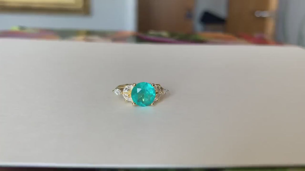 بارايبا الزمرد والألماس (CZ) فيرميل 14 قيراط من الذهب عيار 14 قيراط على خاتم من الفضة الإسترليني عيار 925، خاتم الخطوبة، خاتم الذكرى السنوية هدية عيد ميلاد لها