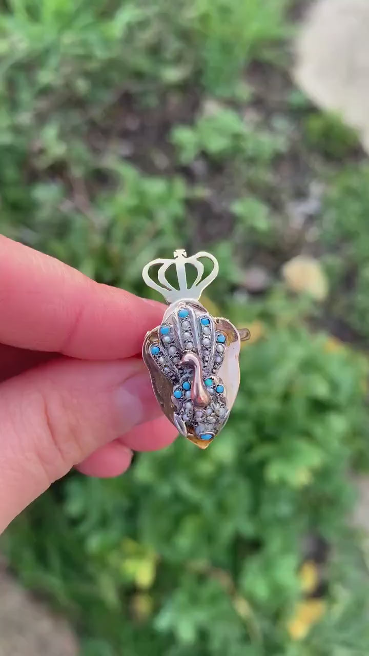 Anillo de declaración de pavo real turquesa y perla de semilla de oro antiguo de 10 qt, tamaño Reino Unido M 1/2, EE.UU. 6 1/2