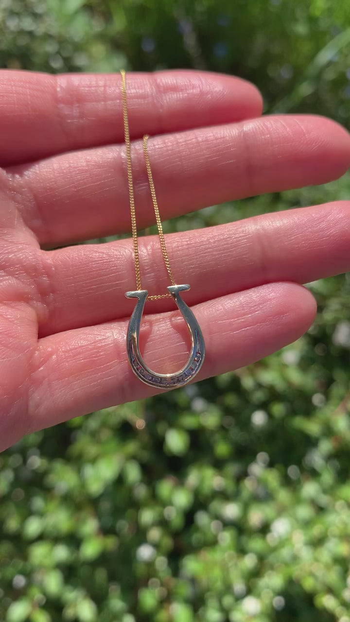 Pre-loved Diamond Solid 9ct Yellow Gold Lucky Horse Shoe Pendant & Chain