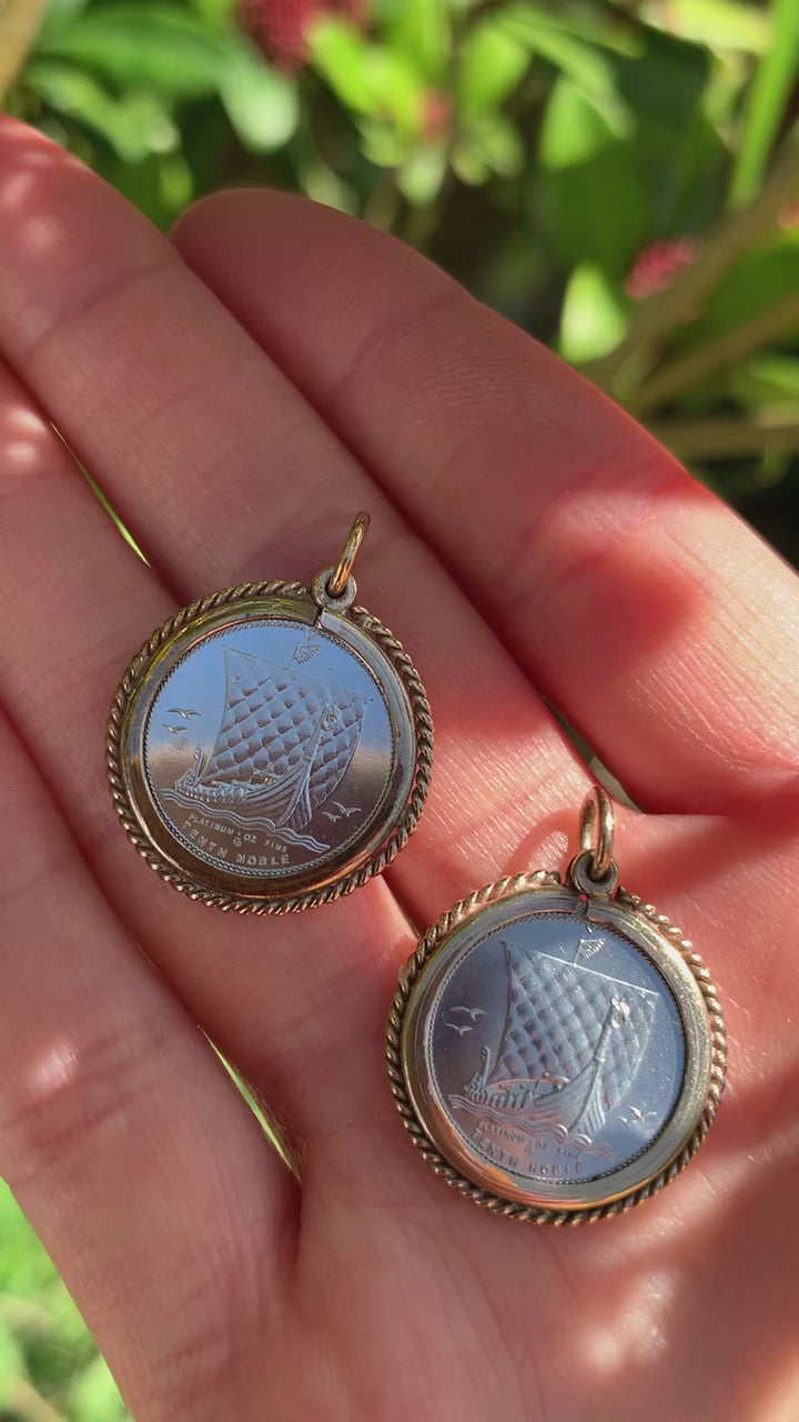 Viking Ship Platinum Noble (like Britannia) Coin Pendant 9k 9ct Gold, Isle of Man One Tenth Platinum Coin Pendants