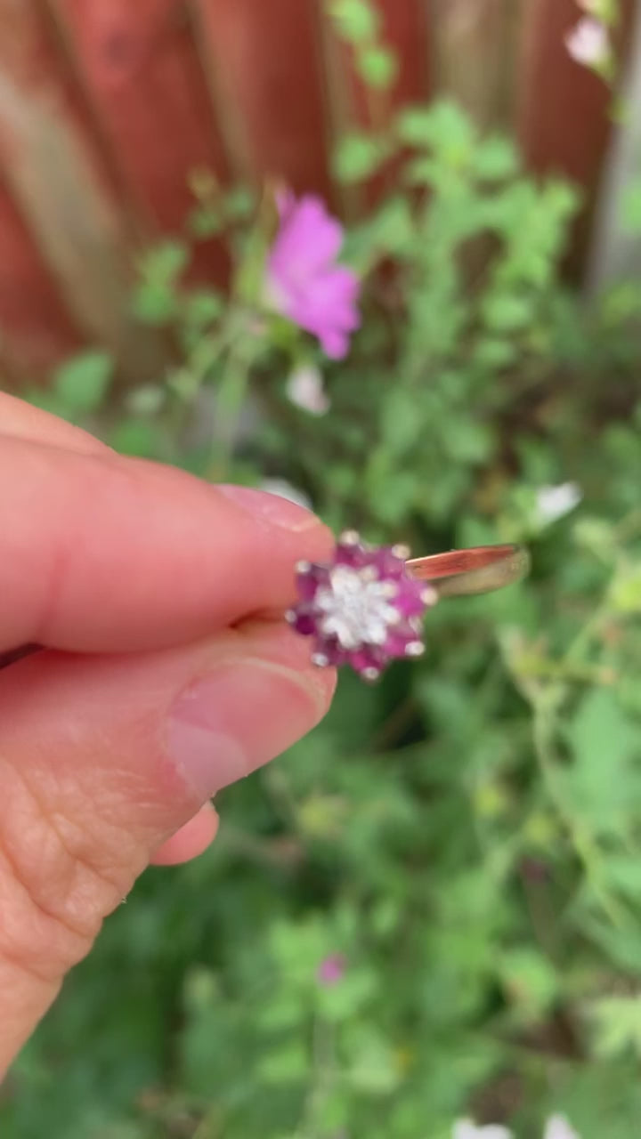 Beautiful Ruby & Diamond 9ct Gold Cluster Ring, Size UK M1/2, US 6 1/2