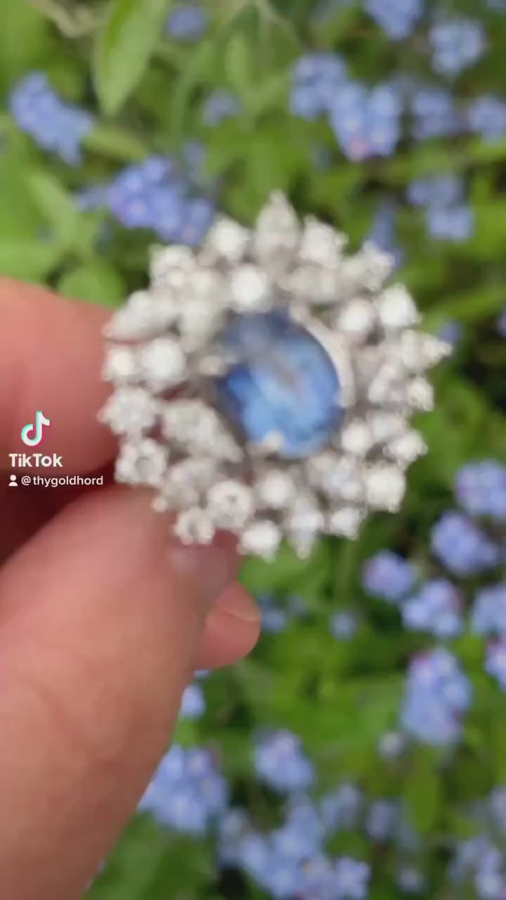 Anillo blanco de 18 quilates con diamantes de 3,00 quilates y zafiro azul de Ceilán de 2,05 quilates sin calentar certificado (9,41 g), en talla Reino Unido N, EE. UU. 6 3/4