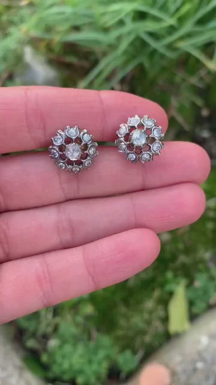Antiguo diamante victoriano de talla mina antigua de 1 quilate engastado en aretes de plata y sello de oro de 14 k