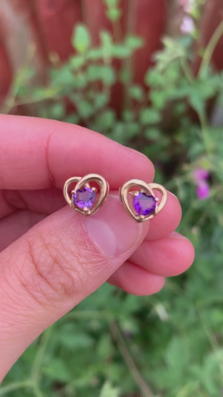 Beautiful Amethyst Heart Shaped 9ct Gold Stud Earrings
