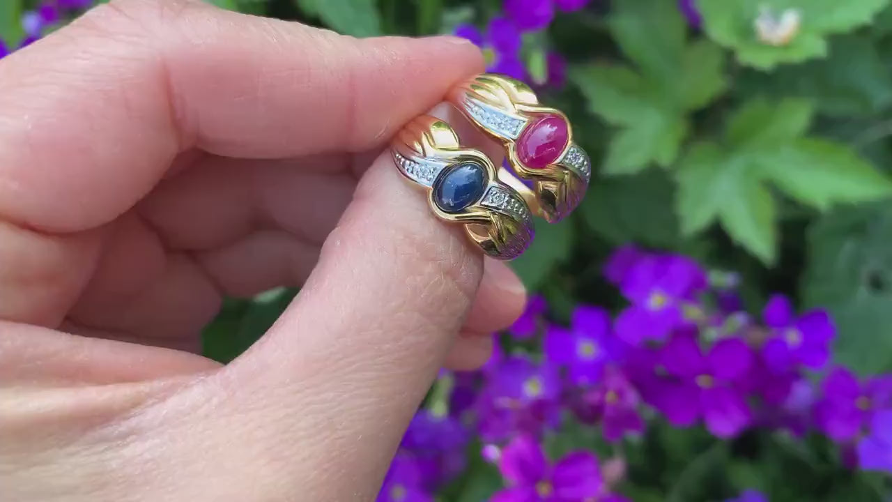Anillos de oro de 9 quilates con cabujón ovalado de rubí, zafiro y diamantes de 0,60 quilates