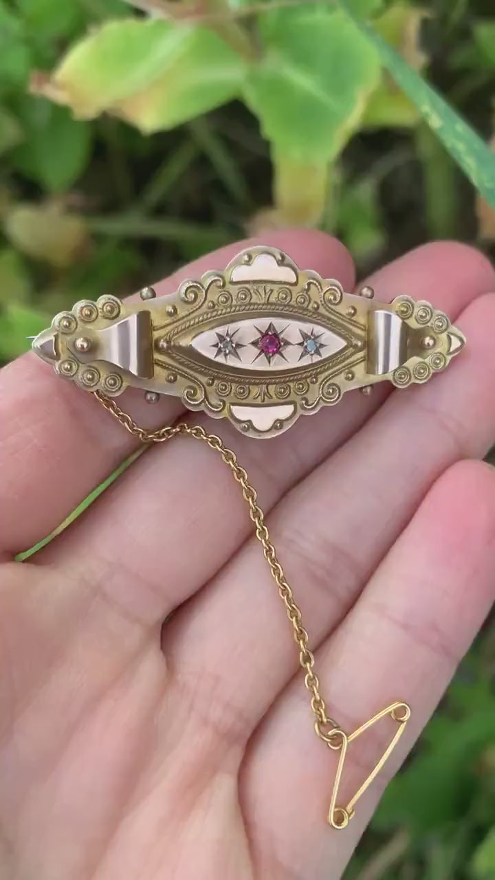 Broche victoriano de oro de 9 qt con rubí y diamantes adornados, regalo de cumpleaños de aniversario para ella.