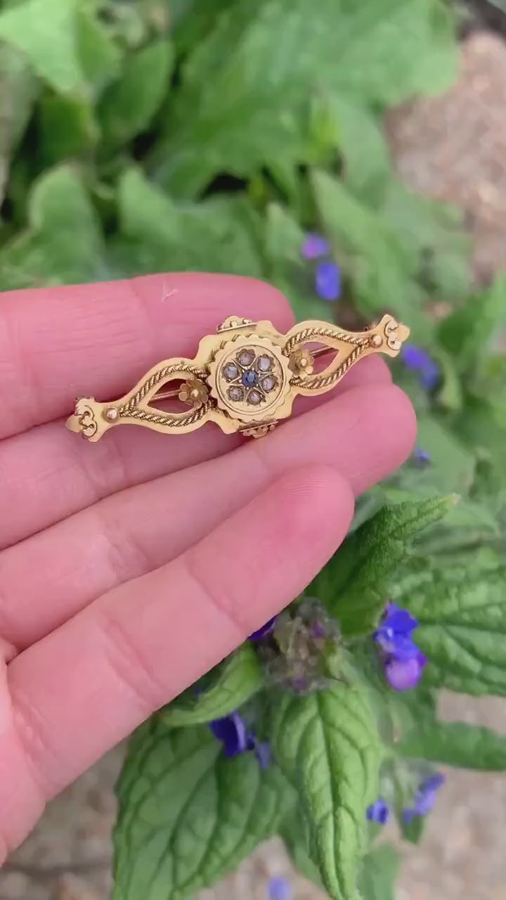 Antiguo broche victoriano de oro amarillo de 15 qt para mujer adornado con zafiro y diamantes, regalo de cumpleaños de aniversario para ella