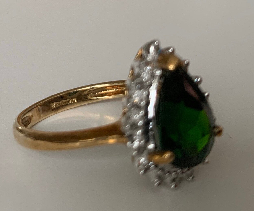 Anillo de vestido de oro de 9k, anillo estilo gema verde en forma de pera y diamantes, anillo de cóctel, anillo de aniversario, regalo de cumpleaños para ella, talla M del Reino Unido/talla 6 de EE. UU.