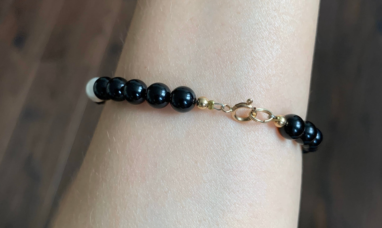 14k Gold Pearl and Onyx Beaded Bracelet, Engagement Wedding Anniversary Birthday Gift for her,DIY handmade bracelet gift