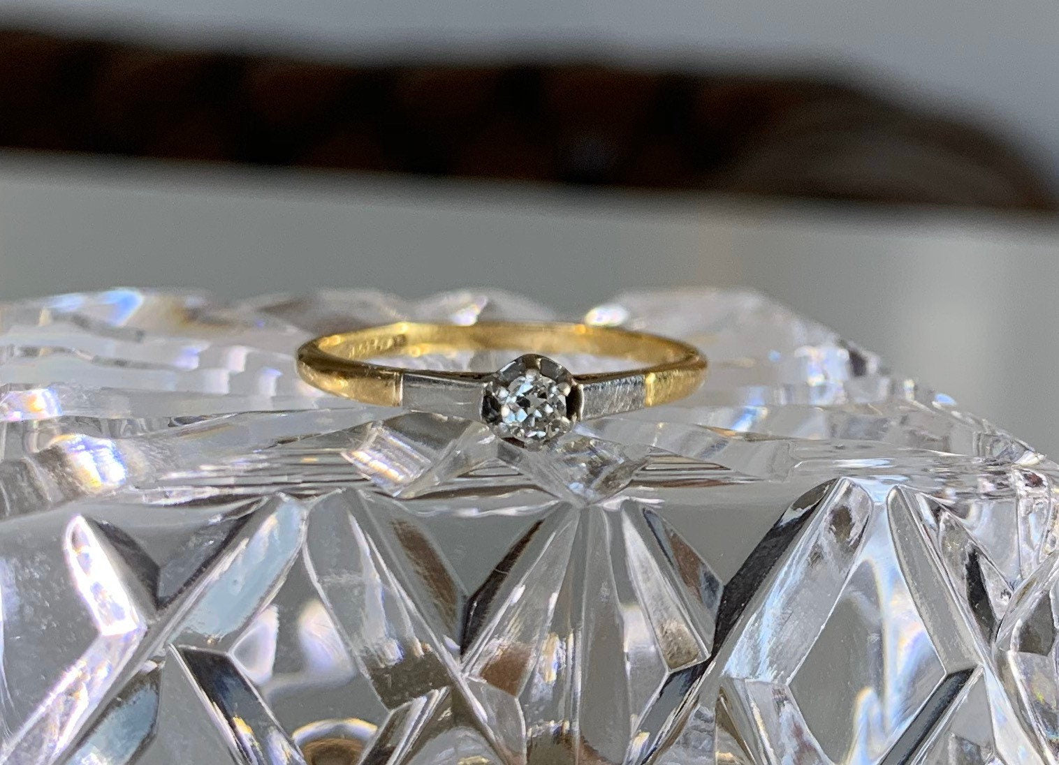 خاتم ذهب عيار 18 قيراط/خاتم سوليتير ألماس مع أكتاف من البلاتين/خاتم خطوبة/خاتم زفاف/خاتم الذكرى السنوية/خاتم عتيق عتيق مقاس UKR 1/2