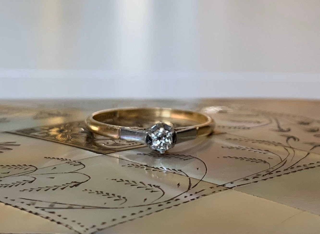 خاتم ذهب عيار 18 قيراط/خاتم سوليتير ألماس مع أكتاف من البلاتين/خاتم خطوبة/خاتم زفاف/خاتم الذكرى السنوية/خاتم عتيق عتيق مقاس UKR 1/2