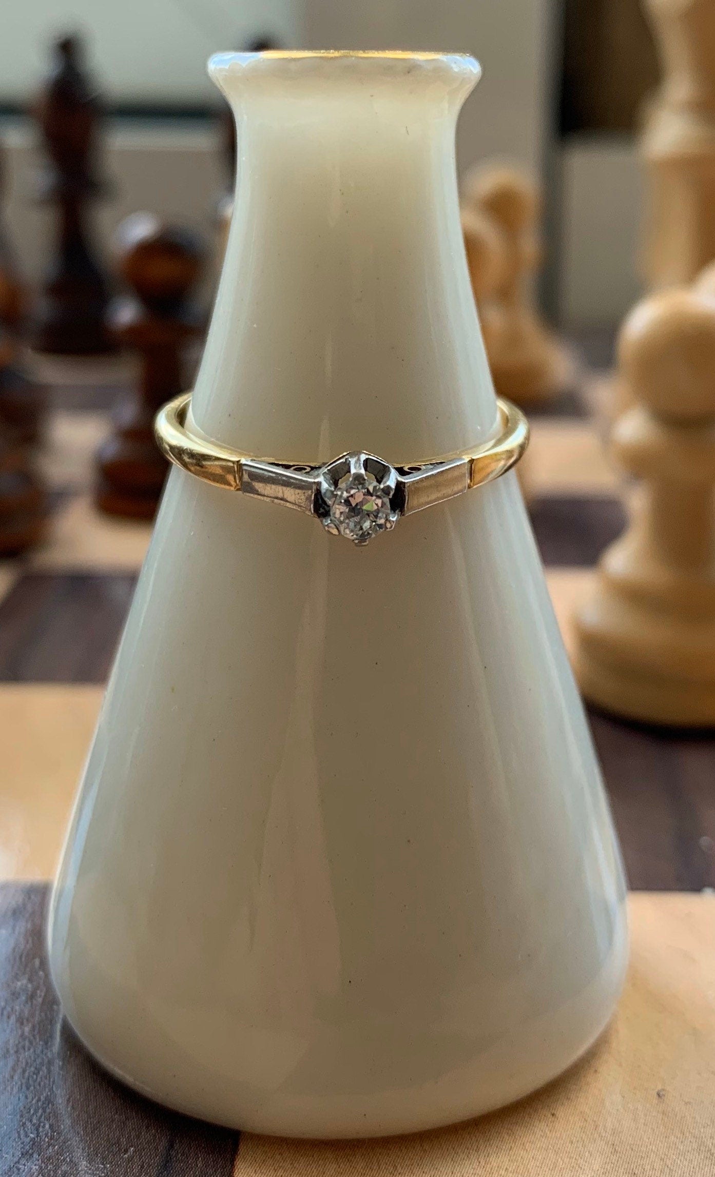 خاتم ذهب عيار 18 قيراط/خاتم سوليتير ألماس مع أكتاف من البلاتين/خاتم خطوبة/خاتم زفاف/خاتم الذكرى السنوية/خاتم عتيق عتيق مقاس UKR 1/2