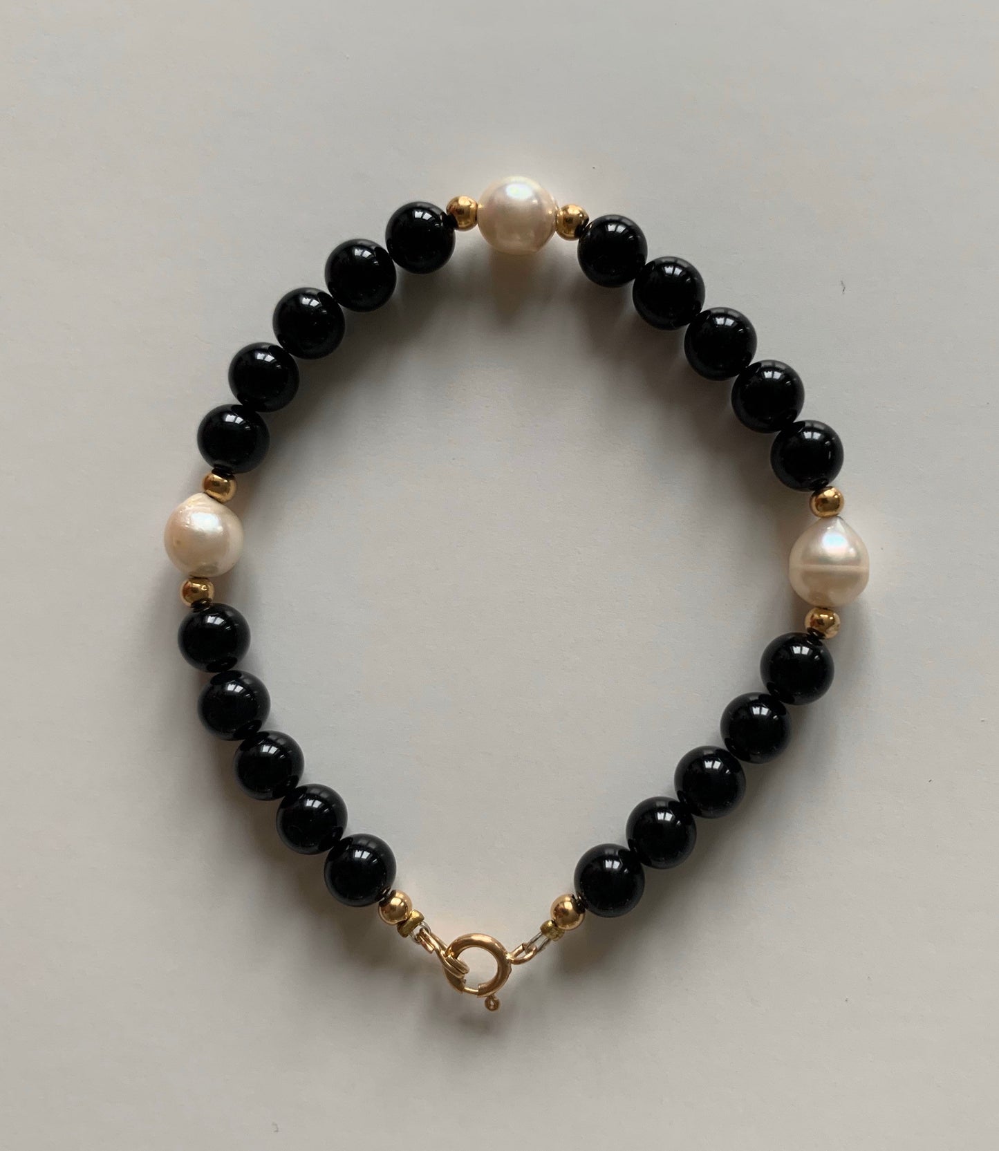 14k Gold Pearl and Onyx Beaded Bracelet, Engagement Wedding Anniversary Birthday Gift for her,DIY handmade bracelet gift