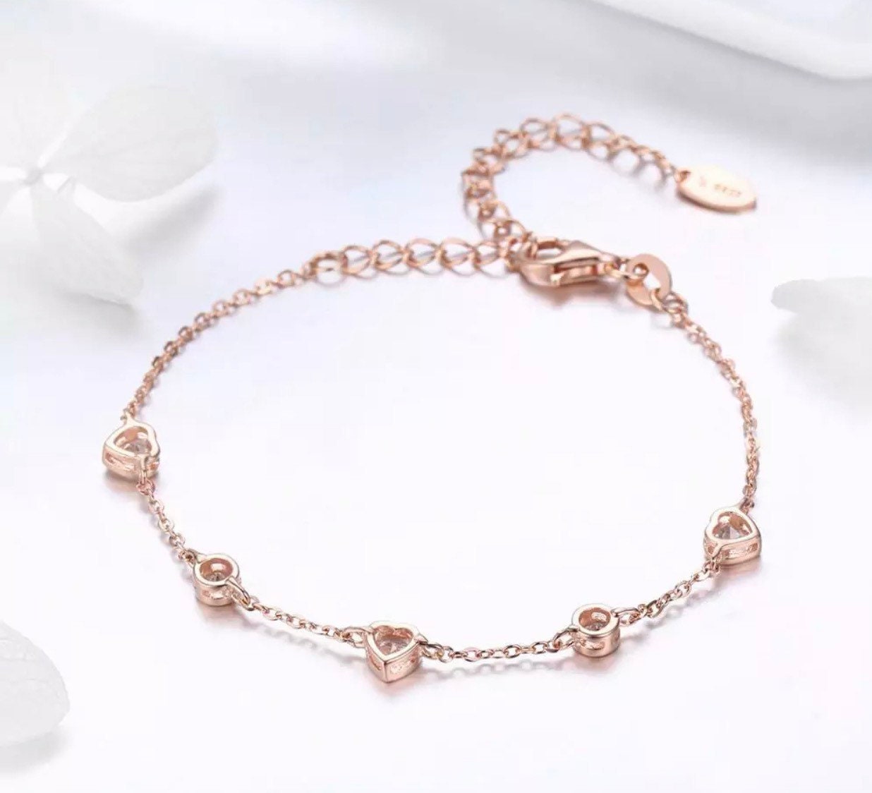 14k Rose Gold Vermeil Heart Shaped Crystals Bracelet, Bridal Gift, Anniversary Gift, Birthday Gift For Her