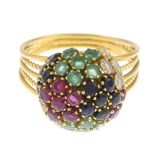 Anillo de cúpula de oro vintage de 18k, esmeraldas de rubíes de zafiro y anillo de oro CZGold de diamantes, anillo de cóctel, regalo de cumpleaños de aniversario, tamañoUK O 1/2, EE.UU. 7 1/4