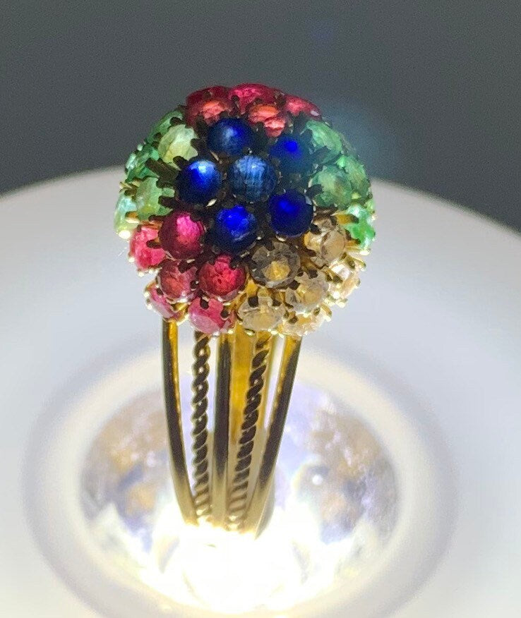 Anillo de cúpula de oro vintage de 18k, esmeraldas de rubíes de zafiro y anillo de oro CZGold de diamantes, anillo de cóctel, regalo de cumpleaños de aniversario, tamañoUK O 1/2, EE.UU. 7 1/4