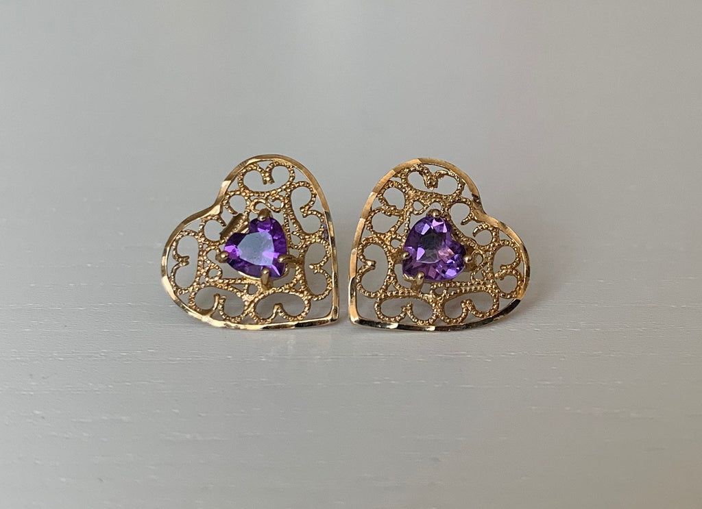 Vintage 9ct Gold Amethyst Heart Shaped Filigree Stud Earrings